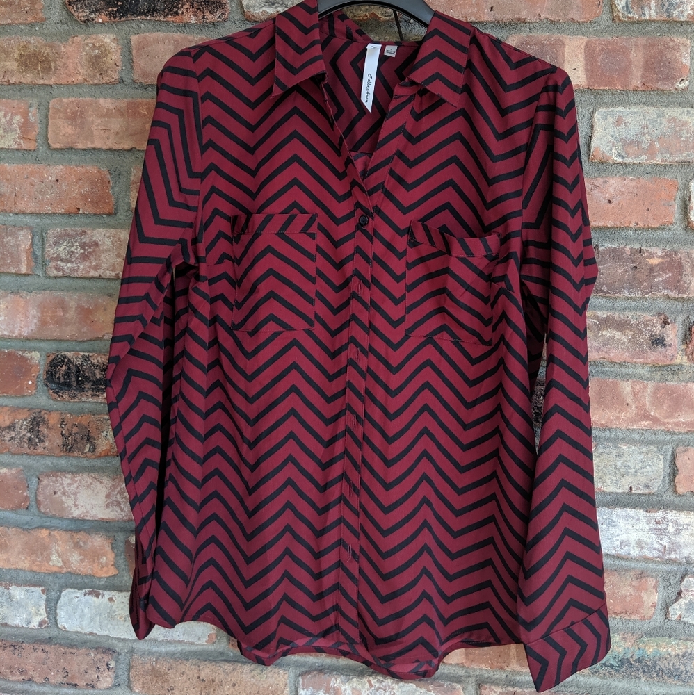 Maroon and black chevron button down top